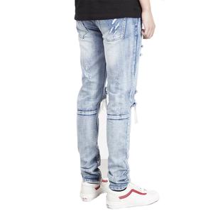 Vaqueros ajustados de mezclilla azul desgastado con roturas en las rodillas y cremallera en el tobillo para hombre, estilo urbano personalizado - Product Image 6