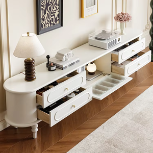 Ensemble de meubles TV en bois massif de style français, rangement à 4 tiroirs, meuble TV de salon en bois blanc - Product Image 5