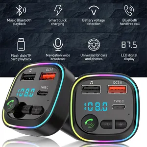 Handsfree Multifunction Wireless Car Fm Transmitter Mp3 Player Dual USB TYPE C QC3.0 Fast Charging Colorful Lights Car Charger