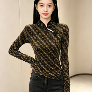 Chemisier <span class=keywords><strong>à</strong></span> <span class=keywords><strong>carreaux</strong></span> rétro pour femme, col montant, patte de boutonnage oblique, avec boucle, coupe ajustée, taille cintrée, polyvalent, pour l'automne - Product Image 1
