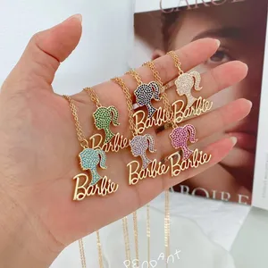 18k Gold Plated Trendy Diamond Barbiees Necklace Earring Bling Shiny Full Zircon Barbies Fashion Jewelry For Girl's Charm