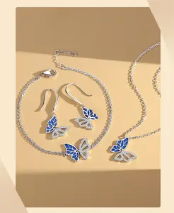 Hot Summer 925 Sterling Silver Funky Jewelry Blue Enamel Butterfly Earring Bracelet Necklace Jewelry Set For Women