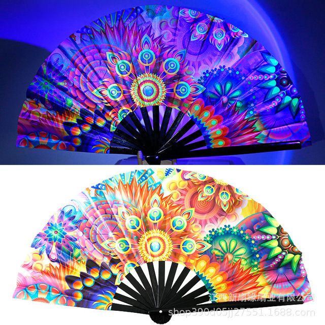 Large 13-Inch UV Glow Chinese Japanese Bamboo Folding Hand Rave Fan for Music Festivals Club Parties Dance Performances DIY