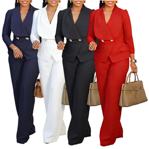 Trajes de Mujer D3357, Conjunto de Blazer <span class=keywords><strong>para</strong></span> Oficina, Blazer con Cuello de <span class=keywords><strong>Traje</strong></span> y Pantalones Anchos de Pierna, Conjunto de Dos Piezas, Trajes Formales <span class=keywords><strong>para</strong></span> Mujer - Product Image 1