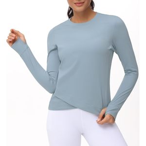 Women's Long Sleeve Compression Shirt Cross Hem Fitted Athletic Workout Top Yoga Running T-Shirt With Thumb Hole - Product Image 5