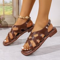 Sandales d'extérieur pour femmes, style rétro, tissées, tendance, printemps et été, talon bas, bout carré, chaussures de plage