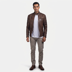 Chaqueta de Cuero Vacuno Genuino para Hombre, Estilo Motero Vintage, con Cuello Alto, para Otoño, Moda Casual, Venta al Por Mayor, Alta Calidad - Product Image 1