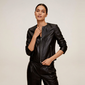 Stylish Women Black <b>Real</b> <b>Leather</b> Collarless <b>Jacket</b> Full Zip Slim Fit Minimalist Trendy Ladies Outerwear <b>Leather</b> <b>Jackets</b> - Product Image 1