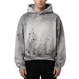 Sweat à capuche délavé effet usé - Patchwork vintage déchiré 100% coton Streetwear Pull personnalisé - Product Image 1