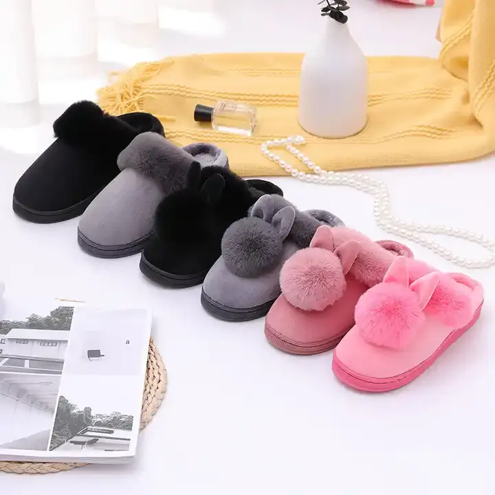 Sepatu telinga kelinci cantik, sandal rumah lembut, sepatu katun hangat