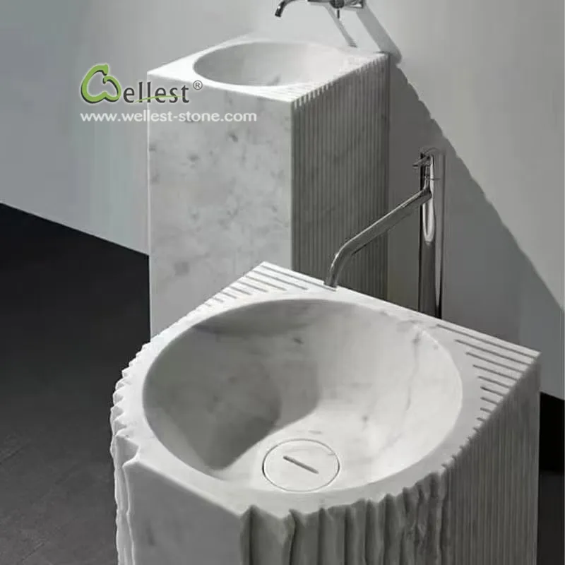 Fregadero de baño de mármol blanco Carrara cuadrado de diseños modernos tocador de baño integrado superior de piedra