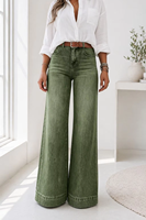 Jean évasé taille haute vert olive pour femme – Style rétro décontracté pour le quotidien et les vacances