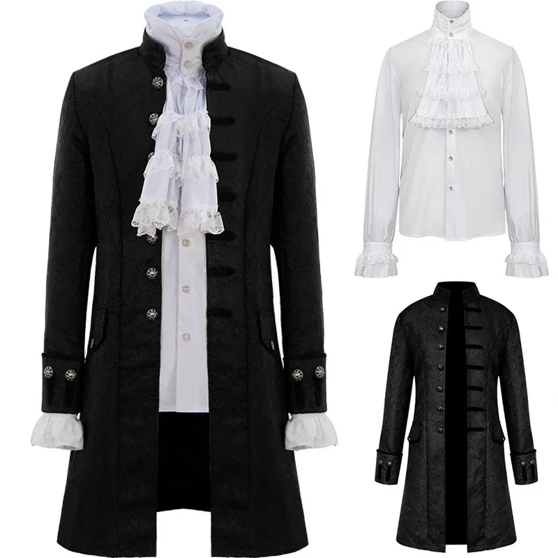 Coldker rönesans ortaçağ Steampunk MenTrench ceket ve gömlek seti Vintage prens palto victoria Edwardian ceket Cosplay