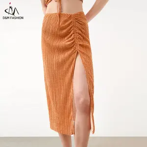 D&M Womens 2022 Summer Orange High Waist Casual Gingham Check Midi Skirt For Women Sexy Front Slit Elegant Long Skirt