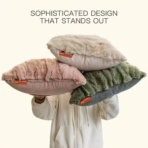 Zoned Heated Lumbar Pillow Faux Rabbit Fur Square Khaki With Control Panel <b>For</b> Home Use - Product Image 2