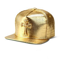 Gorra de Béisbol de Cuero PU con Logotipo Dorado Metálico, Casual, Unisex, con Hebilla de Cinturón, Estilo Hip Hop Rap, 5 Paneles, Gorra de Sol con Cierre a Presión para Hombre y Mujer