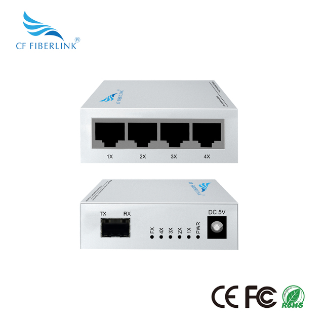 4-port RJ45 Gigabit Fiber Optic Transceiver, 1-port SFP, Plug and Play, External Power Supply