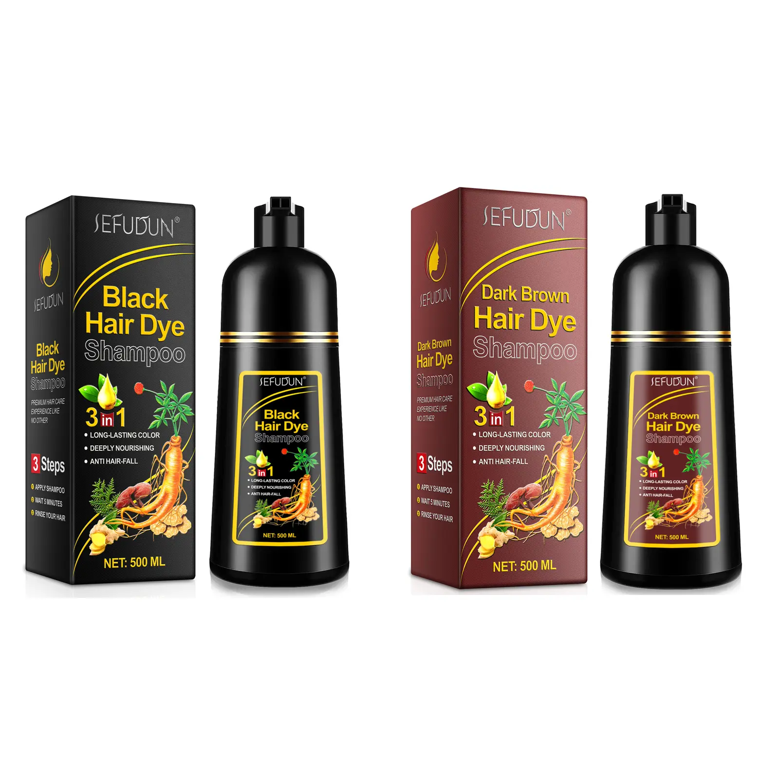 SEFUDUN private label natural plant bubble chinese herbal color shampoo hair dye 3 in 1 dark brown black hair dye shampoo