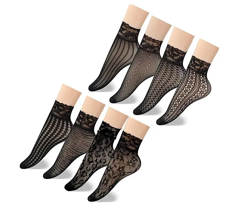 Women Black Lace Fishnet Socks Elastic Ankle High Dress Hollow Out Mesh Net Socks Tights for Summer