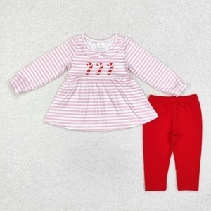 Tenue de Noël pour fillettes : Tunique rose à rayures blanches avec col Peter Pan et pantalon rouge, barboteuse pour bébé - Product Image 4