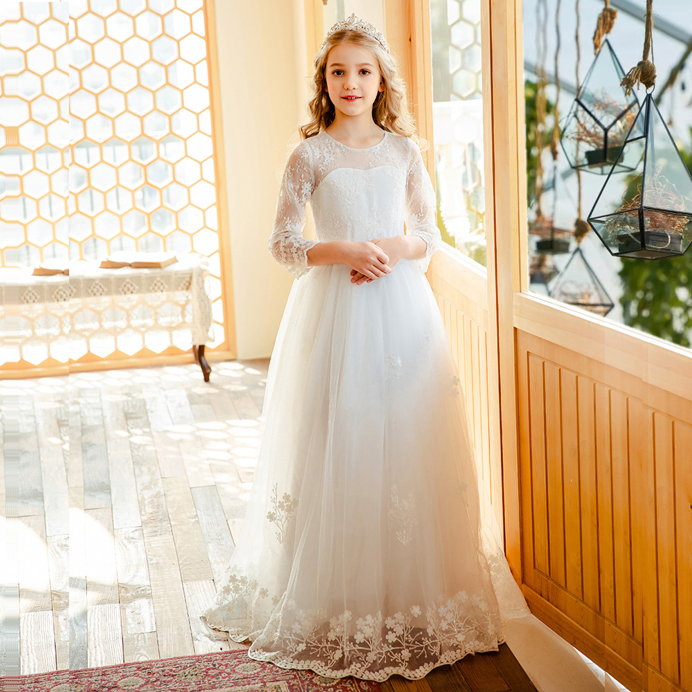 New Arrived Children Floor-length First Communion Girls Long Sleeve Lace  White Flower Girls' Dresses Baby Girl Birthday Dress| Alibaba.com