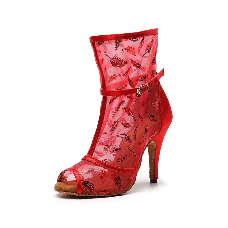 Женские танцевальные туфли на щиколотке, красные сетчатые туфли из латины с высоким верхом для банкетного зала, 1052