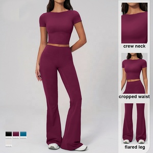 Ensemble de <span class=keywords><strong>yoga</strong></span> écologique pour <span class=keywords><strong>femme</strong></span>, taille haute, effet push-up, haut à manches courtes, pantalon large coupe ajustée, pour la course, la randonnée, la gym et le fitness - Product Image 2