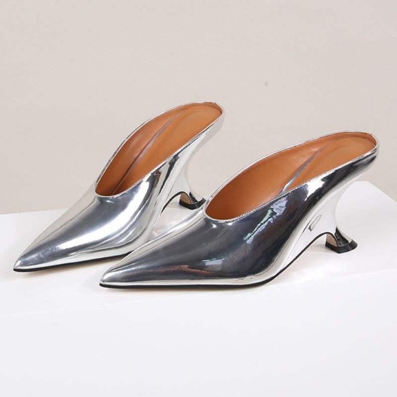 Ujung runcing Sandalias Mujer Tacon Alto Shiny kulit PU trendi sandal  sepatu hak tinggi untuk wanita wanita 2024