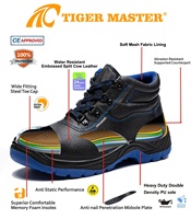 Bottes de sécurité pour chantier Tiger Master pour hommes, embout en acier EU, anti-perforation, doublure en maille bleue, cuir noir, antidérapant