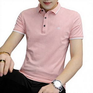 Polo en coton rose pour homme, manches courtes, coupe ajustée, décontracté, logo brodé sur le devant, bordure contrastée, tricoté, couleur unie - Product Image 1