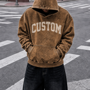 Sweat à capuche personnalisé avec logo pour homme, en coton délavé, coupe ample, style streetwear, coupe carrée, automne-hiver pour homme - Product Image 1