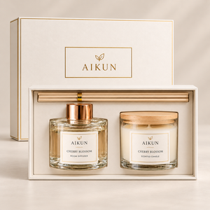 ชุดของขวัญน้ำหอมปรับอากาศในบ้านกลิ่นซากุระ Aikun ประกอบด้วยก้านไม้หอม เทียนหอม ฝาไม้ และฝาสีโรสโกลด์ - Product Image 2