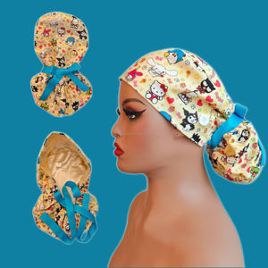 Gorros de Enfermera con Estampado de Gatito de Dibujos Animados, Gorro con Forro de Satén para Mujer, Gorros Quirúrgicos para Cabello Largo con Botones y Lazos - Product Image 2