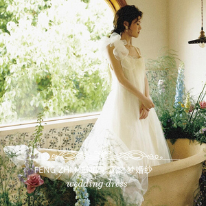 French Style Light Wedding Dress Champagne Tulle Ball Gown Empire Waist Halter Neckline Vintage 3D Patterns Photo Shoot Bridal - Product Image 2