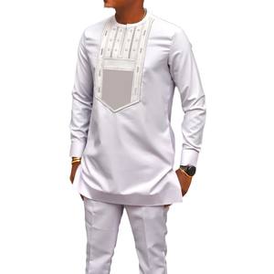 Completo Elegante da <span class=keywords><strong>Uomo</strong></span> con Pantaloni Ricamati Girocollo a Maniche Lunghe Tinta Unita Due Pezzi <span class=keywords><strong>Abbigliamento</strong></span> Sociale <span class=keywords><strong>Etnico</strong></span> Africano da <span class=keywords><strong>Uomo</strong></span> - Product Image 2