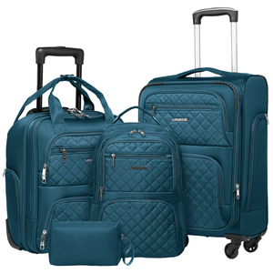 Ensemble de bagages souples 4 pièces, valise cabine et bagage à roulettes matelassés bleu sarcelle, sac à dos de voyage. Nylon. Souple. - Product Image 1