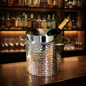 Seau à glace de luxe en acier inoxydable à motif géométrique pour champagne, refroidisseur à vin avec poignées, accessoire de service de table pour bar, argenté - Product Image 6