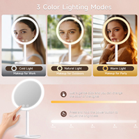 Miroir de maquillage LED rond à 3 modes d'éclairage, à intensité variable, avec bouton tactile, angle réglable, rechargeable, miroir de beauté de table