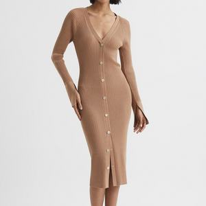 Nouvelles robes streetwear slim côtelées fendues décontractées pour femmes, robes midi en tricot à manches longues et col en V - Product Image 4