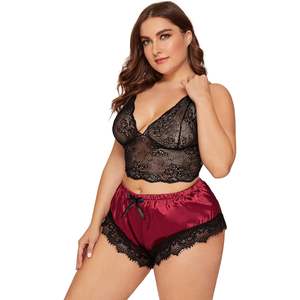Ensemble de lingerie grande taille pour femme, bralette en dentelle et short, pyjama deux pièces, vêtements de nuit sexy - Product Image 6