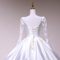 Gaun Pengantin Lengan Panjang Berbahan Satin Model Korset dengan Renda, Gaun Pengantin Mewah Ukuran Besar Model Ball Gown 2521