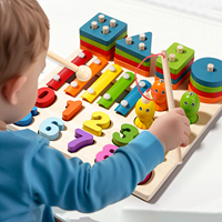 Set Bentuk Geometris Multifungsi Montessori 4-in-1, Balok Pencocokan Kolom, Mainan Edukasi Susun untuk Anak