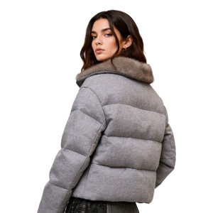 Doudoune matelassée raffinée pour <span class=keywords><strong>femme</strong></span> en mélange de laine avec col en fausse fourrure de luxe, coupe courte zippée, élégante, pour la saison froide - Product Image 3