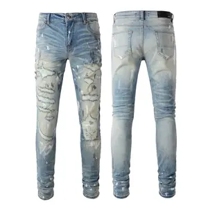 LOGO OEM Celana Denim Celana Jeans Grosir Logo Kustom Denim Jeans Pria Ramping Cetak Ripped Hip Hop Jeans