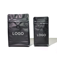 Bolsas de café negras biodegradables Bio Pla con válvula y cremallera Embalaje de papel personalizado Bolsa de granos de café de fondo plano