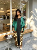 Robe longue Kaftan africaine en gros pour femme, avec perles dorées, bande centrale, panneau avant noir, motif abstrait supérieur, motif rond inférieur et écharpe