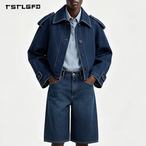Veste trench courte en denim de coton bleu foncé pour homme, double boutonnage, coupe décontractée, printemps-automne - Product Image 4
