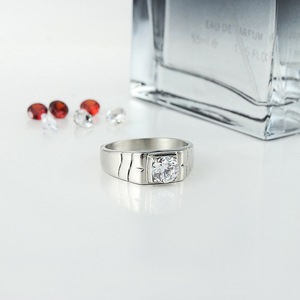 yunnique Stainless Steel Wedding <b>Ring</b> <b>Silver</b> White Stone Prong Setting Geometric Design Unisex Engagement <b>Ring</b> - Product Image 3