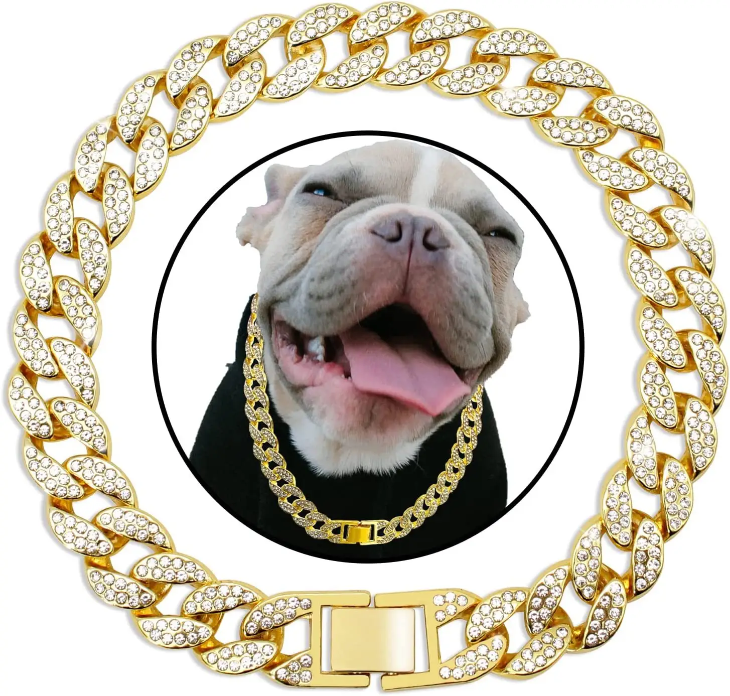Cadenas doradas para perros grandes, cadena cubana de oro resistente de 15MM de ancho con cerradura de seguridad y collar de perro de lujo con diamantes personalizado