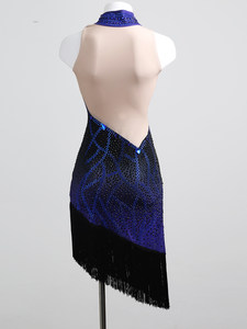 Nouvelle Robe de Danse Latine Noire et Bleue pour Femme 2026, Entièrement Ornée de Diamants, Coupe Ajustée, à Franges, pour Performance Professionnelle Adulte, en Soie/Coton, En Stock - Product Image 2